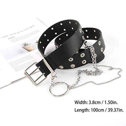 Cinturones Doble Ojal Correa Cuero Unisex Decorativo Informal Doble Agujero Cinturón Liso con Hebilla Anilla Correa Cintura Hueco Remaches Cinturón con Cadena Metal Hip Hop Hebilla para Mujer, Negro Cinturones Doble Ojal Correa Cuero Unisex Decorativo Informal Doble Agujero Cinturón Liso con Hebilla Anilla Correa Cintura Hueco Remaches Cinturón con Cadena Metal Hip Hop Hebilla para Mujer, Negro