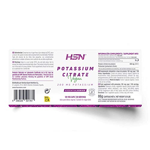 Citrato de Potasio de HSN | Potassium Citrate | 600mg de Potasio Elemental por Dosis Diaria | Alta Concentración | Vegano, Sin Gluten, Sin Lactosa, 120 Cápsulas Vegetales