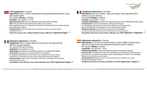 Citrulina 500mg 120 Cápsulas Vegetales - Vita World Alemania - Rendimiento - Recuperación - L-citrulina