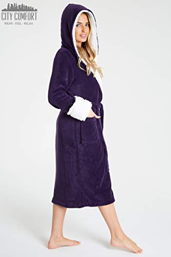 CityComfort Bata de Estar por Casa Mujer Invierno con Capucha, Ropa de Dormir Suave Material de Forro Polar, Batín Tejido Peluche Accesorios Mujer, Regalos para Mama (L, Morado Oscuro)