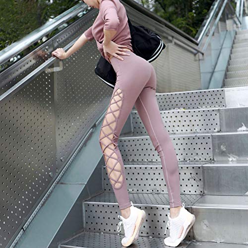 CJJCJJ Pantalones de Yoga Lado de Las Mujeres Hollow out Criss Cross Strappy Leggings de Yoga Cintura Alta Caderas Up Gym Workout Sport Leggins Pantalones de Baile sin Costuras