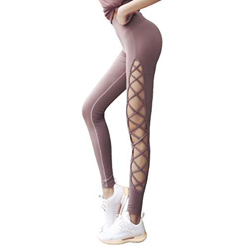 CJJCJJ Pantalones de Yoga Lado de Las Mujeres Hollow out Criss Cross Strappy Leggings de Yoga Cintura Alta Caderas Up Gym Workout Sport Leggins Pantalones de Baile sin Costuras