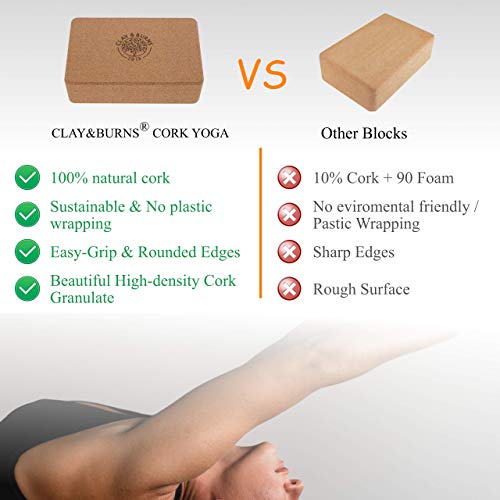 CLAY&BURNS® Bloque para Yoga de Corcho Natural | Ladrillo Yoga | 100% Hecho de Corcho Natural | Bloque para Yoga, Pilates y Entrenamiento | Bloque para Practicar Hatha Yoga y Meditación