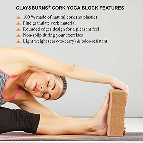 CLAY&BURNS® Bloque para Yoga de Corcho Natural | Ladrillo Yoga | 100% Hecho de Corcho Natural | Bloque para Yoga, Pilates y Entrenamiento | Bloque para Practicar Hatha Yoga y Meditación