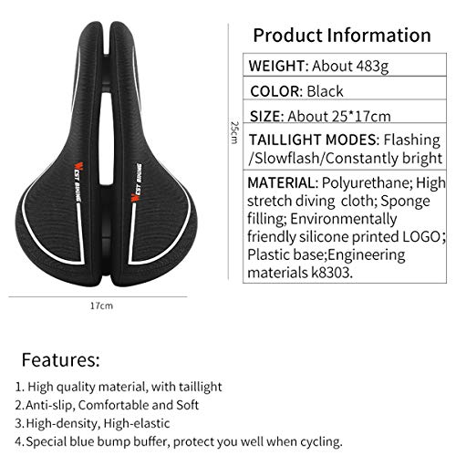 CLOUD POWER Sillín De Bicicleta, Asiento De Bicicleta Hueco Y Ergonómico Impermeable Y Transpirable con Luz Trasera Bici, para MTB, Mountain, Ciudad Bicicletas