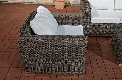 CLP Muebles de jardín Bilbao Big de polirratán, incluye cojines acolchados, 1 sofá, 2 sillones, 1 mesa y 1 reposapiés, 5 mm de grosor de ratán, color: gris jaspeado, color crema.