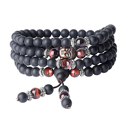 COAI® Pulsera Collar de 108 Cuentas Mala Piedra Natural Ónice Mate y Ojo de Tigre Rojo Budista 6mm COAI® Pulsera Collar de 108 Cuentas Mala Piedra Natural Ónice Mate y Ojo de Tigre Rojo Budista 6mm