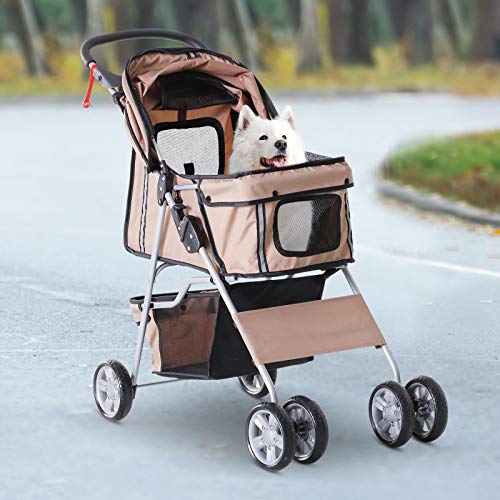 Cochecito Plegable Mascotas 75x45x97cm Perros Gatos Carrito Ruedas Giran 360º Cafe