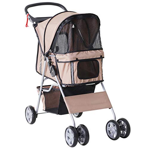 Cochecito Plegable Mascotas 75x45x97cm Perros Gatos Carrito Ruedas Giran 360º Cafe