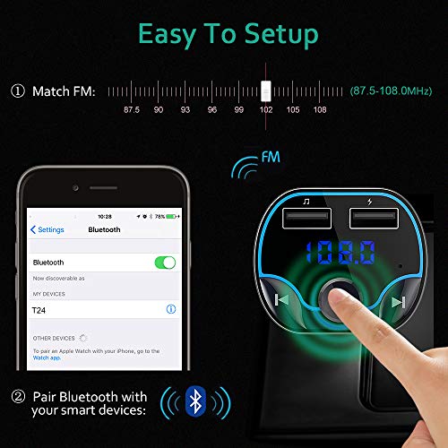 Cocoda Transmisor FM Bluetooth Coche Manos Libres, Inalámbrico Reproductor MP3 Mechero Coche con 2 Puerto USB 5V / 2.4A & 1A, Cargador Adaptador de Coche Acepta Tarjetas SD y Memoria USB