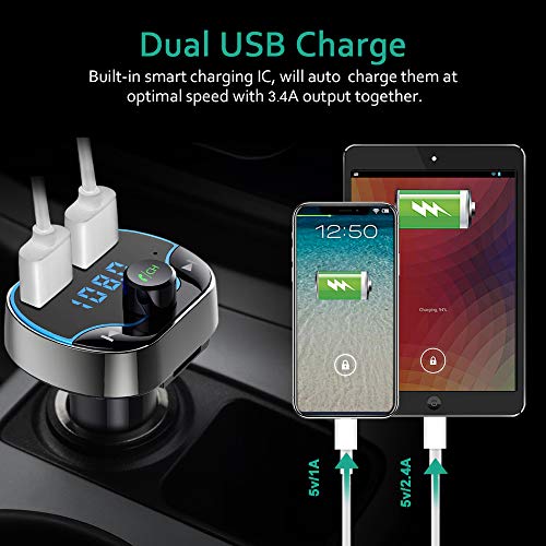 Cocoda Transmisor FM Bluetooth Coche Manos Libres, Inalámbrico Reproductor MP3 Mechero Coche con 2 Puerto USB 5V / 2.4A & 1A, Cargador Adaptador de Coche Acepta Tarjetas SD y Memoria USB