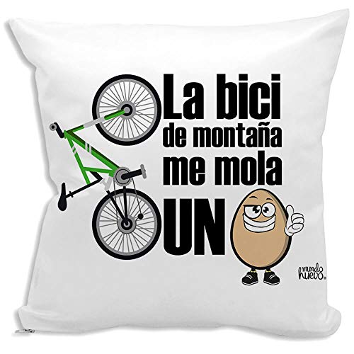 Cojin Decorativo, Original y Personalizado para Regalo, Ideal para Hobby. Incluye Relleno. La Bici de montaña me Mola un Huevo. 42,5 X 42,5 cm. Cojines con Agradable Tacto de Algodon.