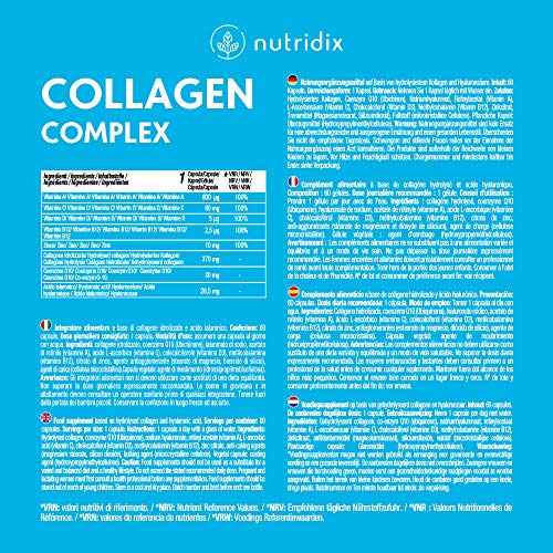 Colágeno + Ácido Hialurónico - Colágeno Hidrolizado para Piel, Pelo y Articulaciones - Vitamina C, A, D, B12, Coenzima Q10 y Zinc - 60 cápsulas Nutridix