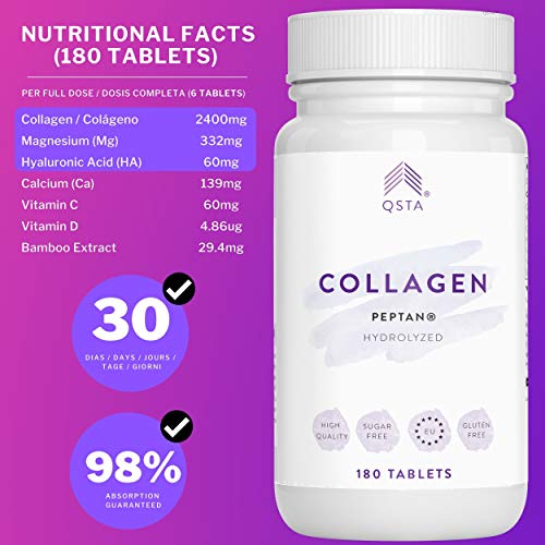 Colageno con Magnesio 4-EN-1 (60 DIAS), Acido Hialuronico, Vitamina C, Vitamina D3 180 Comprimidos, Hidrolizado PEPTAN, Articulaciones, Huesos, Piel, Cabello y Previene Lesiones +2400MG +MEDICOS