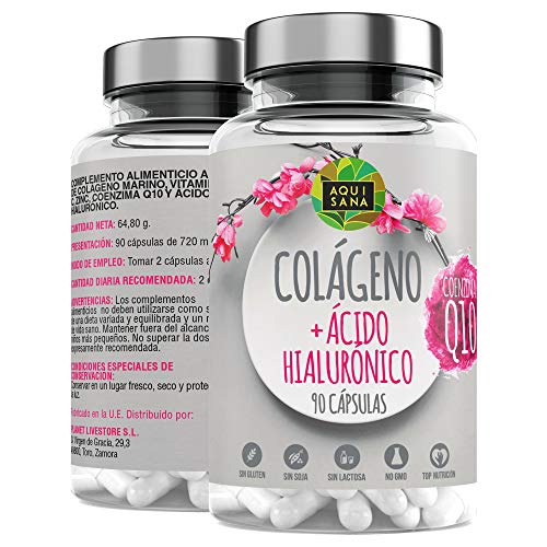 Colágeno Marino Con Ácido Hialurónico |Colágeno Con Vitamina C + Q10 |Suplemento Para Una Piel Radiante y Un Buen Mantenimiento las Articulaciones| 90 Cápsulas – Aquisana