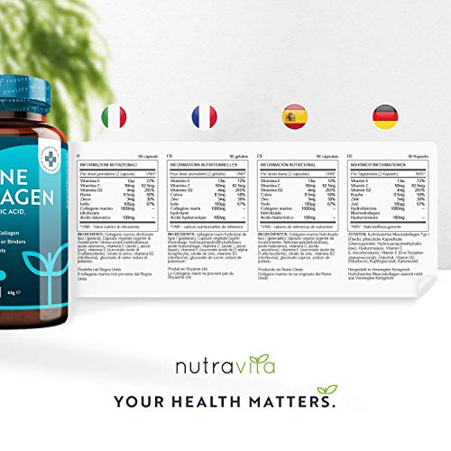 Colágeno Marino Dosis Alta 1000 mg, Ácido Hialurónico, Vitamina C y E | 90 cápsulas | Biodisponibilidad superior | fabricado por Nutravita Colágeno Marino Dosis Alta 1000 mg, Ácido Hialurónico, Vitamina C y E | 90 cápsulas | Biodisponibilidad superior | fabricado por Nutravita