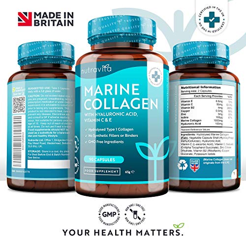 Colágeno Marino Dosis Alta 1000 mg, Ácido Hialurónico, Vitamina C y E | 90 cápsulas | Biodisponibilidad superior | fabricado por Nutravita