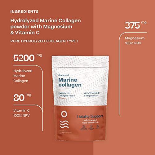 Colágeno Marino Hidrolizado Magnesio Vitamina C | Suplemento para músculos, articulaciones, cartílagos, huesos y piel | Péptidos Colágeno Marino de pescado salvaje | Sabor Naranja, 304g | 40 dosis