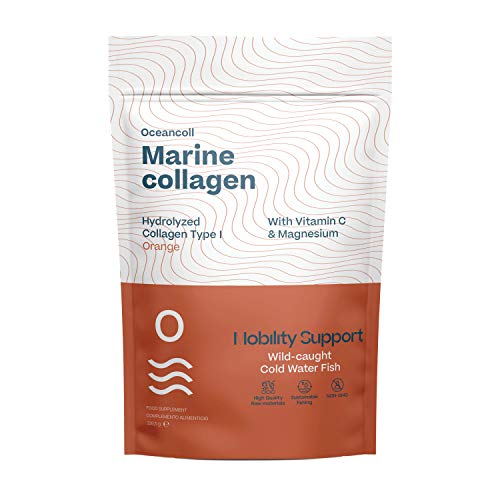 Colágeno Marino Hidrolizado Magnesio Vitamina C | Suplemento para músculos, articulaciones, cartílagos, huesos y piel | Péptidos Colágeno Marino de pescado salvaje | Sabor Naranja, 304g | 40 dosis