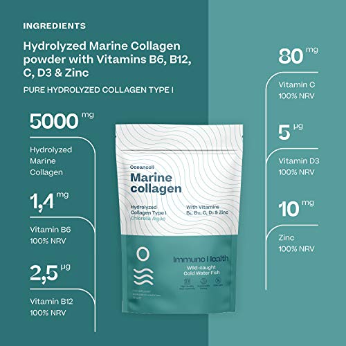 Colágeno Marino Hidrolizado Vitaminas B6, B12, C, D3 y Zinc | Suplemento Inmunidad, piel, músculos, cartílagos y huesos | Péptidos Colágeno Marino de pescado salvaje | Alga Chlorella, 330g | 60 dosis