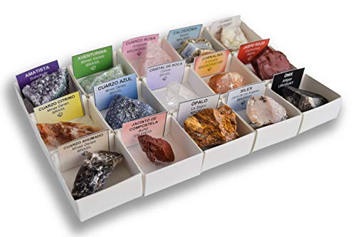 Colección de 15 Minerales de Cuarzo en Caja de Madera Natural - Variedades Reales de Cuarzo con Etiqueta informativa a Color. Kit de de Geología y Meditación