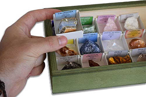 Colección de 15 Minerales de Cuarzo en Caja de Madera Natural - Variedades Reales de Cuarzo con Etiqueta informativa a Color. Kit de de Geología y Meditación