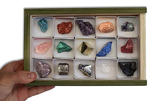 Colección de 15 Minerales del Mundo en Caja de Madera Natural - Minerales Reales educativos con Etiqueta informativa a Color. Kit de Ciencia de Geología para niños.