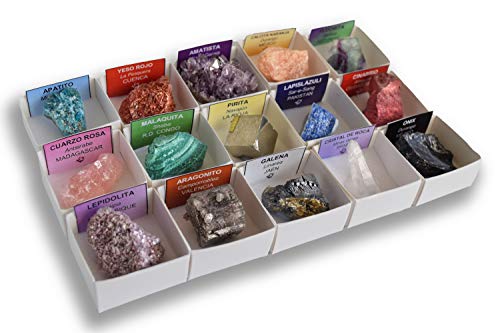 Colección de 15 Minerales del Mundo en Caja de Madera Natural - Minerales Reales educativos con Etiqueta informativa a Color. Kit de Ciencia de Geología para niños.