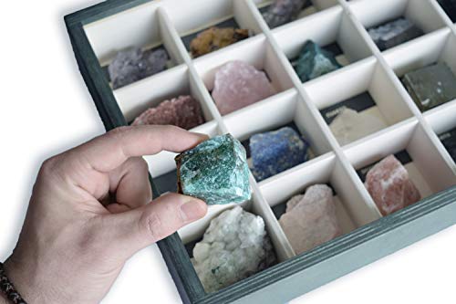 Colección de 20 Minerales del Mundo Premium en Caja de Madera Natural - Minerales Reales educativos de Gran tamaño con Hoja de descripción. Kit Geología para niños