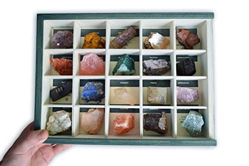 Colección de 20 Minerales del Mundo Premium en Caja de Madera Natural - Minerales Reales educativos de Gran tamaño con Hoja de descripción. Kit Geología para niños