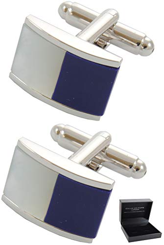 COLLAR AND CUFFS LONDON - Gemelos Caja DE Regalo - Medio Barril con Madre de Perla - Latón - Diseño Clásico - Color Azul y Blanco COLLAR AND CUFFS LONDON - Gemelos Caja DE Regalo - Medio Barril con Madre de Perla - Latón - Diseño Clásico - Color Azul y Blanco