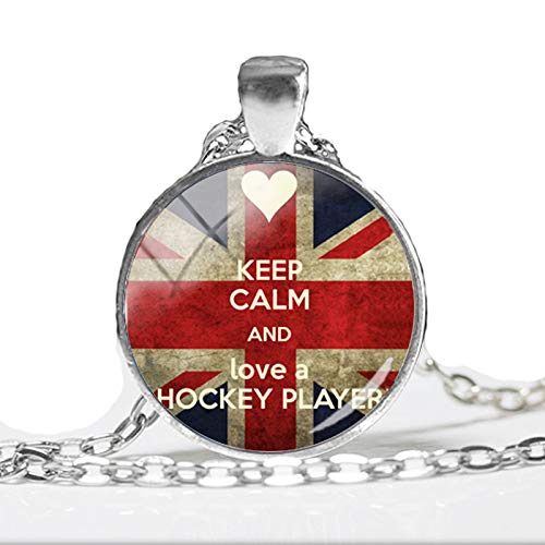 Collar con colgante con texto en inglés "Keep Calm and Play Hockey", con cita deportiva, colgante de cabujón redondo de cristal