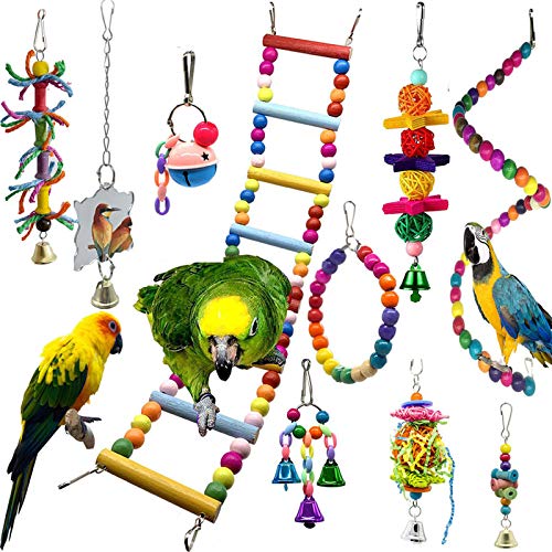 Colorido Juguetes de Loro Pájaros 10 Piezas con Juguete de Masticación y Columpios de Perchas Usado para Jaula de Aves - Decoracion de Pajarera y Campana Colgante Hamaca para Periquitos, Cockatiels