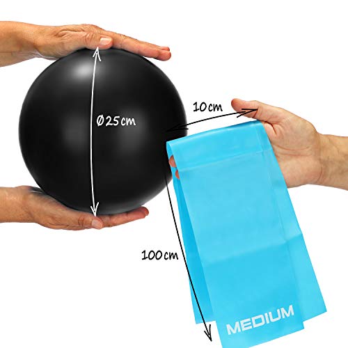 com-four® Juego de 3 Piezas con Bandas de Pilates y Thera - Bola de Gimnasia y Bandas de Resistencia para Pilates y Yoga - Bandas de Fitness y Bola de Yoga (Negro)