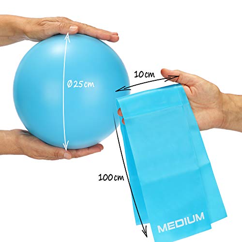 com-four® Juego de 3 Piezas con Bandas de Pilates y Thera - Bola de Gimnasia y Bandas de Resistencia para Pilates y Yoga - Bandas de Fitness y Bola de Yoga (Azul)