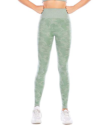 COMFREE Leggings deportivos para mujer, diseño de camuflaje, para yoga, pilates, gimnasia, cintura alta, transparentes, anticelulitis, color verde, L