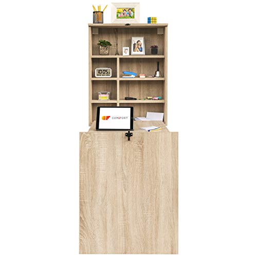 COMIFORT Escritorio Colgante - Mesa de Pared Plegable con Librería de Estructura Firme, Moderna y Minimalista con Baldas Espaciosas y de Gran Capacidad, Color Roble COMIFORT Escritorio Colgante - Mesa de Pared Plegable con Librería de Estructura Firme, Moderna y Minimalista con Baldas Espaciosas y de Gran Capacidad, Color Roble