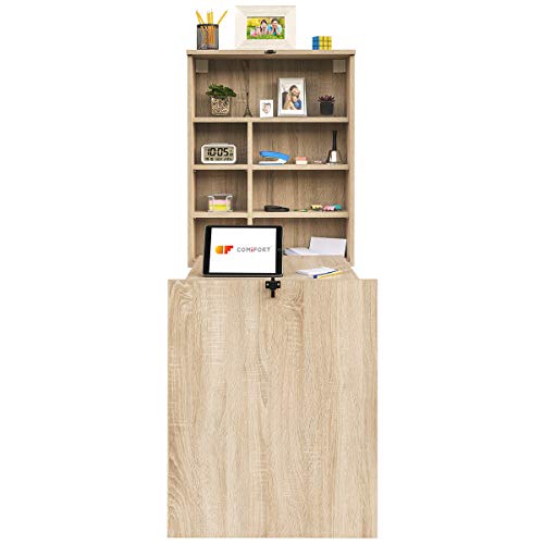 COMIFORT Escritorio Colgante - Mesa de Pared Plegable con Librería de Estructura Firme, Moderna y Minimalista con Baldas Espaciosas y de Gran Capacidad, Color Roble