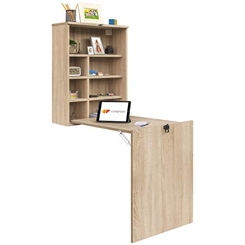 COMIFORT Escritorio Colgante - Mesa de Pared Plegable con Librería de Estructura Firme, Moderna y Minimalista con Baldas Espaciosas y de Gran Capacidad, Color Roble