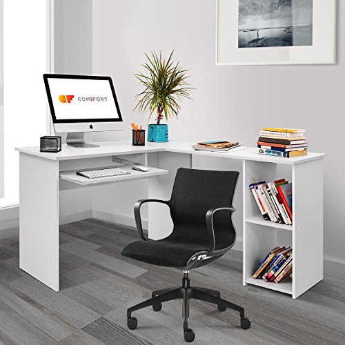 COMIFORT Escritorio Forma L - Mesa de Estudio con Estantería de Estructura Firme, Moderna y Minimalista con 2 Baldas Espaciosas y de Gran Capacidad, Color Blanco