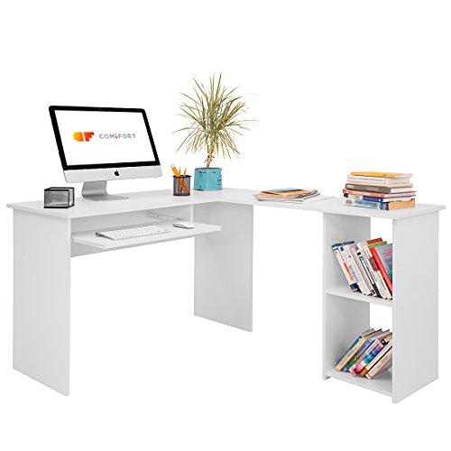 COMIFORT Escritorio Forma L - Mesa de Estudio con Estantería de Estructura Firme, Moderna y Minimalista con 2 Baldas Espaciosas y de Gran Capacidad, Color Blanco