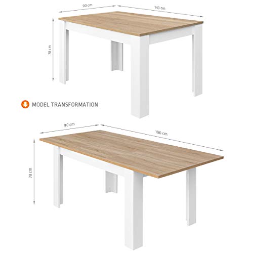 COMIFORT Mesa de Comedor- Mueble Extensible, de Estilo Moderno, Muy Resistente, con Medidas de 140/190 x 90 x 78 cm, Fabricado en Europa, Color Blanco y Roble