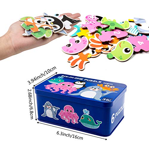 Comius Sharp Puzzle de Madera, 6 Pack Rompecabezas Puzzle Juguetes Bebes para Niños de 1 2 3 4 5 Años Montessori Educativos Regalos 3D Patrón Puzles con Caja de Rompecabezas de Metal (Ocean)