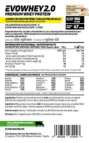 Concentrado de Proteína de Suero Evowhey Protein 2.0 de HSN | Whey Protein Concentrate| Batido de Proteínas en Polvo | Vegetariano, Sin Gluten, Sin Soja, Sabor Chocolate Blanco Coco, 2Kg