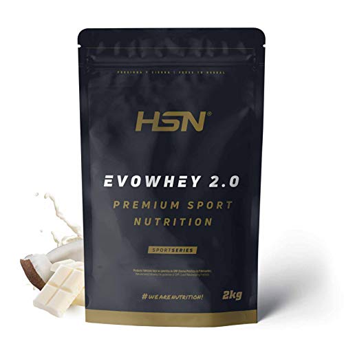 Concentrado de Proteína de Suero Evowhey Protein 2.0 de HSN | Whey Protein Concentrate| Batido de Proteínas en Polvo | Vegetariano, Sin Gluten, Sin Soja, Sabor Chocolate Blanco Coco, 2Kg