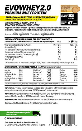 Concentrado de Proteína de Suero Evowhey Protein 2.0 de HSN | Whey Protein Concentrate| Batido de Proteínas en Polvo | Vegetariano, Sin Gluten, Sin Soja, Sabor Galletas, 2Kg