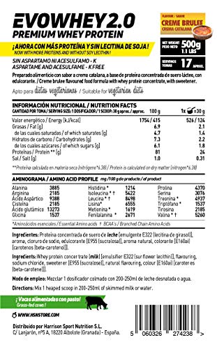 Concentrado de Proteína de Suero Evowhey Protein 2.0 de HSN | Whey Protein Concentrate| Batido de Proteínas en Polvo | Vegetariano, Sin Gluten, Sin Soja, Sabor Crema Catalana, 500g