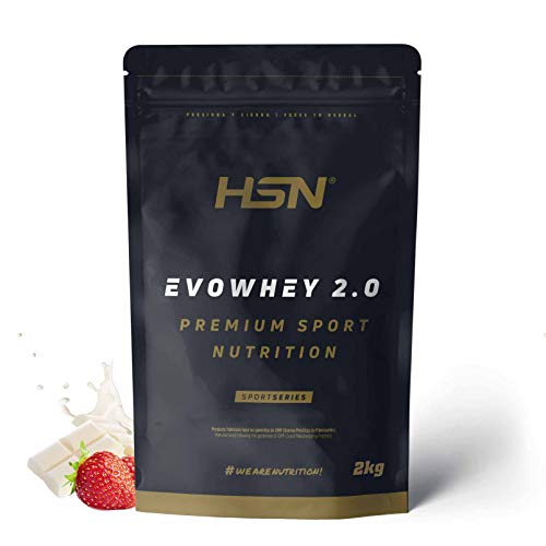 Concentrado de Proteína de Suero Evowhey Protein 2.0 de HSN | Whey Protein Concentrate| Batido de Proteínas en Polvo | Vegetariano, Sin Gluten, Sin Soja, Sabor Fresa Chocolate Blanco, 2Kg