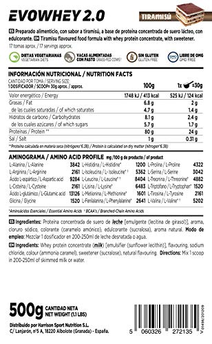 Concentrado de Proteína de Suero Evowhey Protein 2.0 de HSN | Whey Protein Concentrate| Batido de Proteínas en Polvo | Vegetariano, Sin Gluten, Sin Soja, Sabor Tiramisú, 500gr