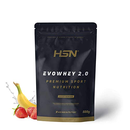 Concentrado de Proteína de Suero Evowhey Protein 2.0 de HSN | Whey Protein Concentrate| Batido de Proteínas en Polvo | Vegetariano, Sin Gluten, Sin Soja, Sabor Fresa Banana, 500g